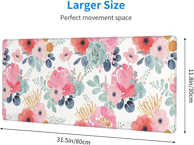 XL Flower Large Gaming Mouse Pad, Long Extended Full Floral Mouse Mat Desk Pad for Top Keyboard Table, Aesthetic Cute Big Stitched Mousepad Gifts for Women Office Decor(Pink, 31.5 * 11.8 in)