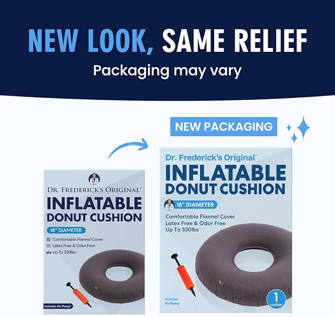 Dr. Frederick’s Original Inflatable Donut Pillow - 18" Seat Cushion for Tailbone Pain, Hemorrhoids & Bed Sores – Doctor-Developed for Postpartum, Prostatitis & Travel - Odor-Free, Durable Vinyl - Gray