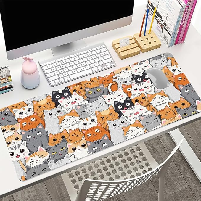 Positively Adorable Cat Desk Mat - 23.62 * 11.81in Desk Pad, Large Non-Slip PU Leather Pad for Aesthetic Home Office & Gaming,A Gift for Cat Lovers