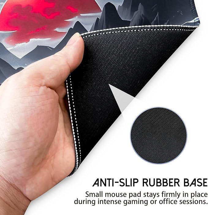 FreeNook Small Gaming Mouse Pad, Anime Black Mousepad with Stitched Edges, Expanded Cool Desk Mat, Japanese Red Moon Keyboard Mat Suitable for Home Office,10.2 X 8.3 Inch