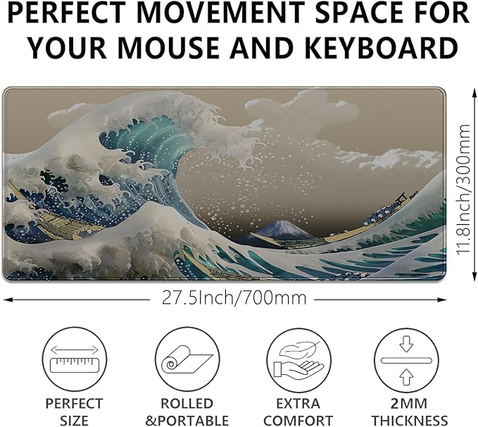 Japanese Wave Large Gaming Mouse Pad Desk Pad, 27.5x11.8in The Great Wave Off Kanagawa Extended Desk Mat with Stitched Edges, Non-Slip Waterproof Rubber Base for Office, Computer & Laptop