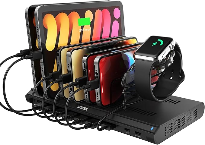 Unitek USB Charging Station 120W 10 Fast Port Multi Charge Docking Hub for Multiple Apple Devices with QC 3.0 PD 45W Port, Charger Organizer Compatible with iPad, iPhone, Tablet, iwatch,Cell Phone