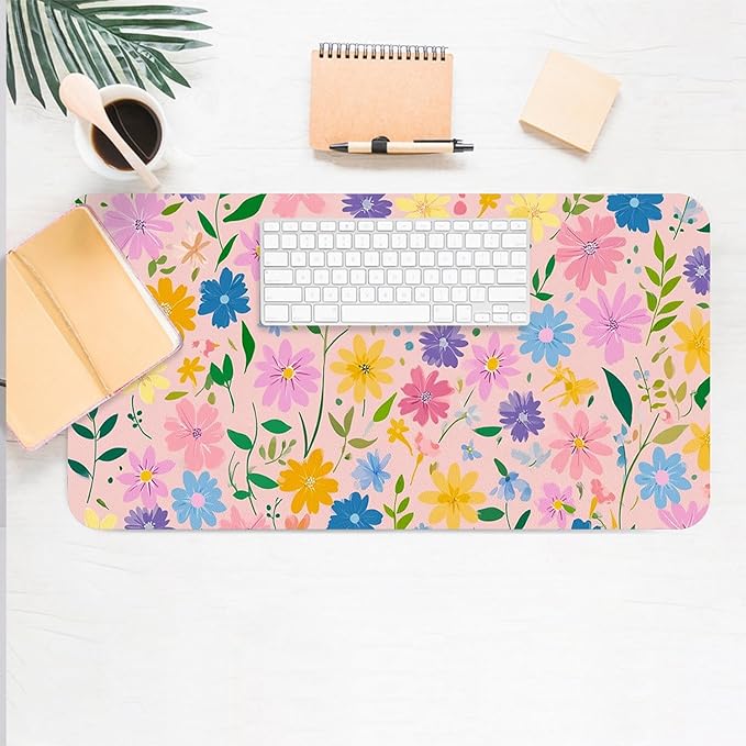 Desk Mat Large Mouse Pad, Non-Slip PU Leather Gaming Mousepad Keyboard Mouse Mats Desk Pads 23.6"x11.8" for Work Office Decor Gifts Pink Flowers