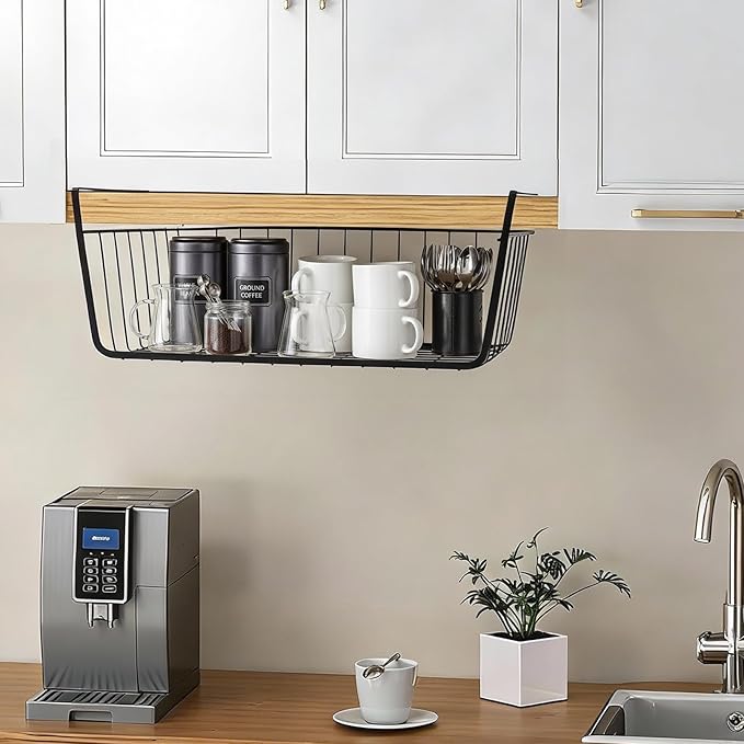 Undershelf Storage Basket Under Shelf Wire Basket Household Metal Under Shelf Hanging Storage Bin Basket Slides Under Shelves for Storage Space Saving for Kitchen Pantry Bookshelf (Medium, 2 PCS)