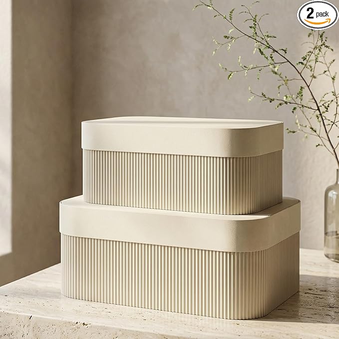 ZICOTO Decorative Storage Boxes with Lids - Set of 2 Beautiful Fluted Photo Organizer Bins for Your Home Bookshelf Decor to Safely Store Your Documents, Memory Box Items and Other Keepsakes in Style