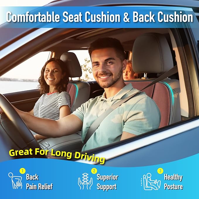 Lofty Aim Car Seat Cushion with Back Support Pillow, Comfy Lumbar Support & Seat Cushion, Memory Foam Driving Pillow for Back-Sciatica Pain Relief, Auto Pad Suitable for Car, Truck, SUV - Brown