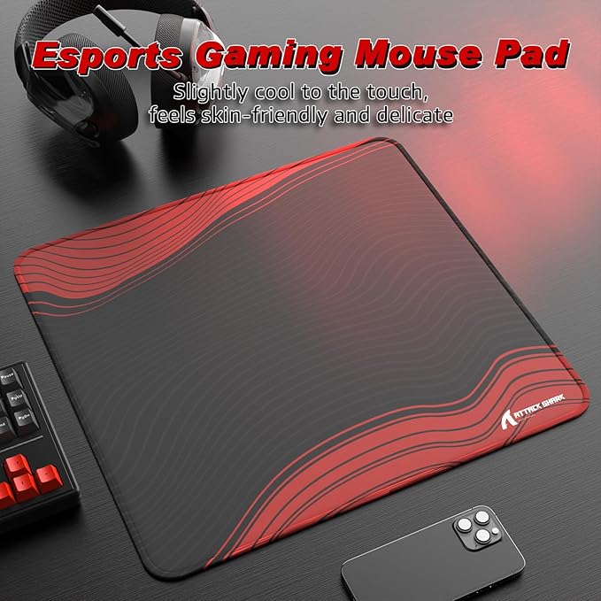 ATTACK SHARK CM02 Gaming Mouse Pad Esports Speed Large Mouse mats for Desk Waterproof Surface Stitched Edges and Anti-Slip Rubber Base Size XL Laminate 17.72” x 15.75” x 0.16” Black/Red