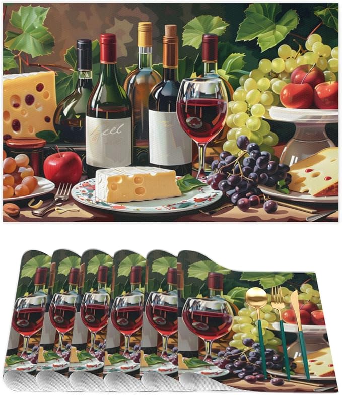 Placemats Set of 4 Heat-Resistant Rectangle Place Mats Grape Red Wine Washable Plastic PVC Dining Table Mat Non-Slip Wipeable Woven Vinyl Placemat for Kitchen Patio Table Decor