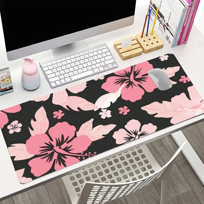 Hibiscus Flowers Desk Mat for Women, Large Waterproof PU Leather Desk Pad with Non-Slip Base, Artistic Office Keyboard Cover for Gaming & Home Work, Tropical Desk Decor (23.6x11.8 Inch)