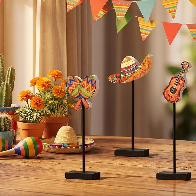 Smile Cinco De Mayo Tabletop Standing Wooden Decor Mexican Fiesta Figures (Sombrero, Guitar, Maraca) with Wooden Base & Sticks for Tiered Tray & Party Display