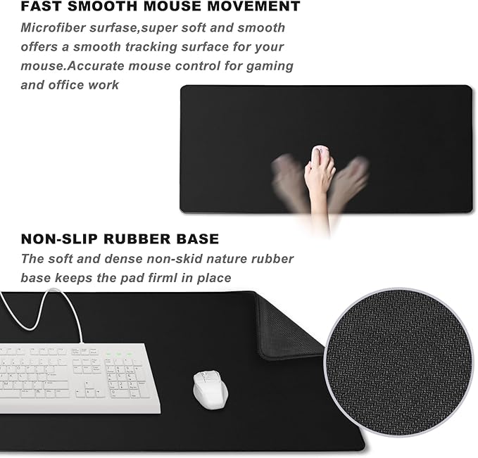 31.5" x 15.7" Waterproof Fabric Desk Pad, Rubber Anti-Slip Base, Stitched Edges No Curling, Fits Laptop Keyboard and Mouse, Smooth Office Mat Mouse Pad for Work, Black