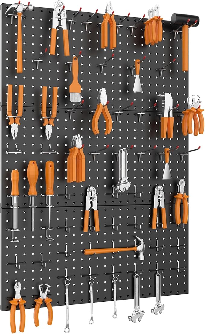WALMANN 96 PCS Metal Pegboard with Pegboard Hooks for Wall, Garage Tools Storage Pegboard for Garage, Workbench, Peg Boards, Tool Organizer Board with Hooks(Black)
