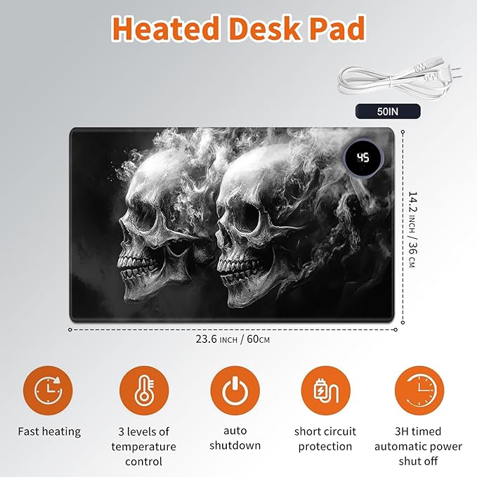 Heated Mouse Pad,Warm Desk Pad with 3 Levels Heating & 3 Hours Auto Shut-Off, PU Leather Heated Desk Pad Warmer Pad for Home Office - 23.6 x 14.2 inch,Smoke Skull