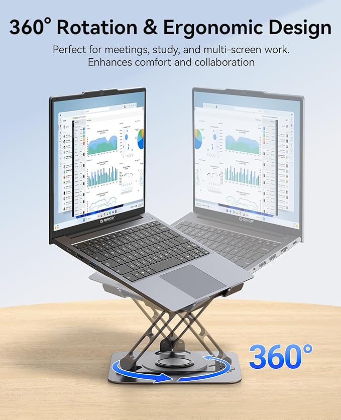ORICO Adjustable Laptop Stand for Desk, 360° Rotating Base, Foldable Aluminum Alloy Computer Stand with Ventilated Design, Compatible with MacBook Neo/Air/Pro, Dell, XPS, HP up to 17'' - ST12, Gray