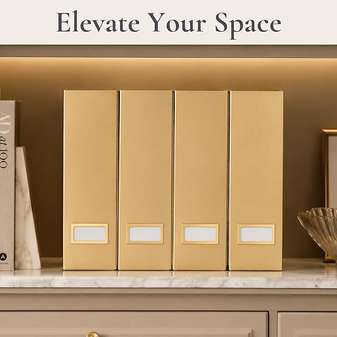 BLU MONACO | Gold Cardboard Magazine File Holder Set of 4 | Vertical Magazine File Holder for Shelves | Standing File Holder Desk Organizer