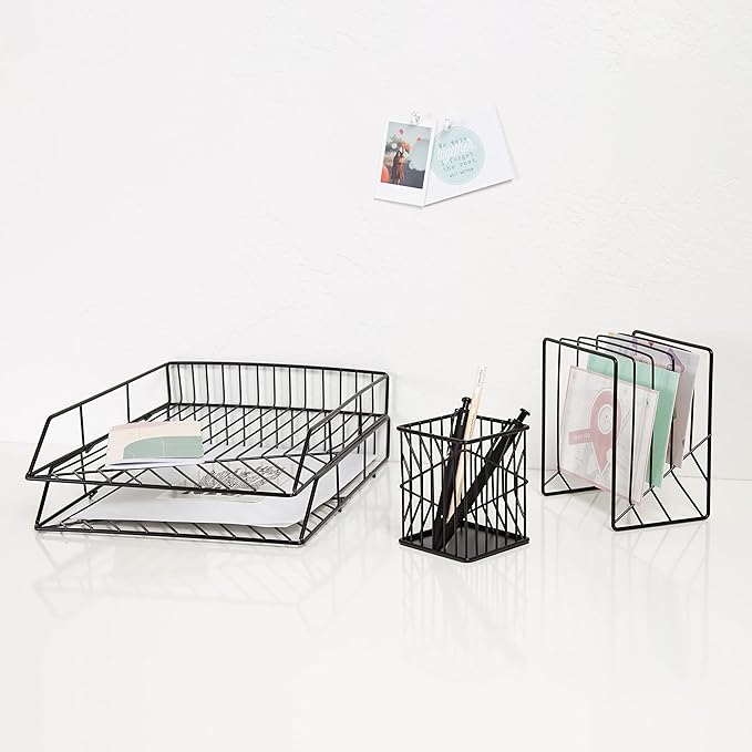 U Brands Vena Desk Organization Set, Office Supplies, Metal, Black, with Pencil Cup, Letter Sorter, Paper Tray, 4 Pieces