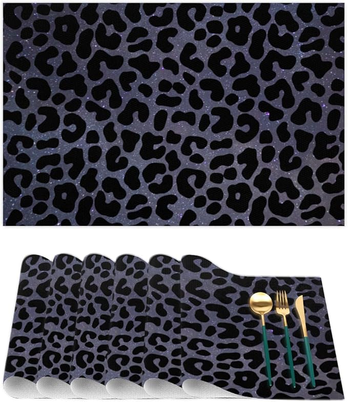 Placemats Set of 4 Heat-Resistant Rectangle Place Mats Black Leopard Cheetah Washable Plastic PVC Dining Table Mat Non-Slip Wipeable Woven Vinyl Placemat for Kitchen Patio Table Decor