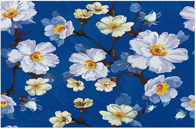 Placemats Set of 4 Heat-Resistant Rectangle Place Mats Painting Blue Flower Washable Plastic PVC Dining Table Mat Non-Slip Wipeable Woven Vinyl Placemat for Kitchen Patio Table Decor