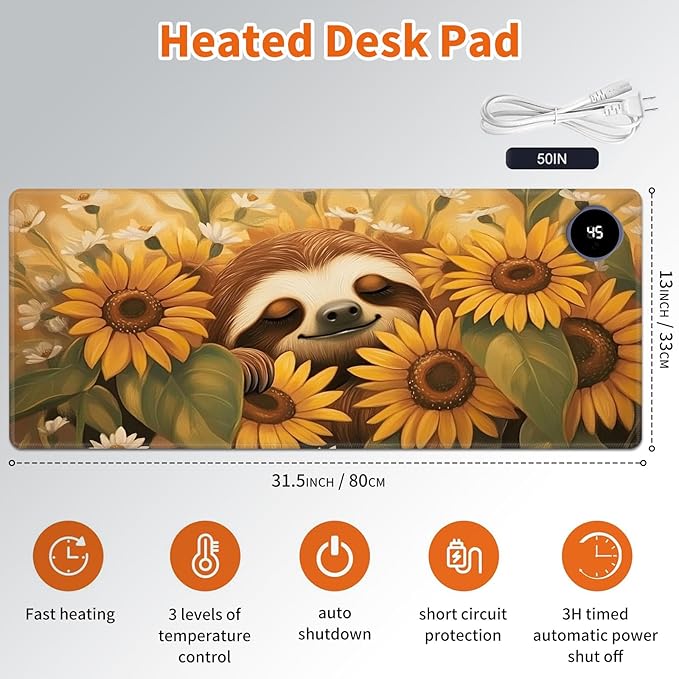 Heated Mouse Pad,Warm Desk Pad with 3 Levels Heating & 3 Hours Auto Shut-Off, PU Leather Heated Desk Pad Warmer Pad for Home Office - 31.5 x 13 inch,Lovely Sloth