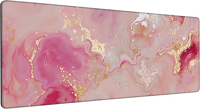 Large Gaming Mouse Pad Pink Gold Marble Desk Mat,Non-Slip Rubber Base Stitched Edges,Extended Mousepad for PC,Laptop,Office,Home Decor(31.5 x 11.8 Inch)