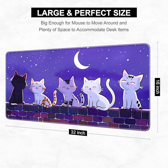 Desk Pad, 32" x 16" XXXL Extended Large Gaming Mouse Pad, Desktop Decor Desk Mat, Men Women Office Supplies and Accessories, Cute Anime Mouse Mat for Laptop & Keyboard, Cat and Star Sky