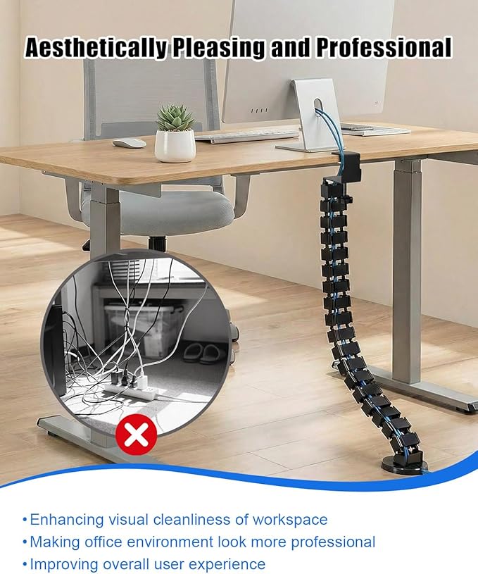 Desk Vertebrae Cable Management Kit, Adjustable Quad Entry Flexible Cord Organizer for Sit Stand Desk, No Drill Clamp-On Under Desk Modular Cable Control with Steel Base