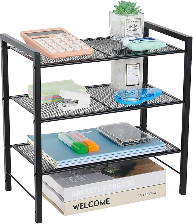 Desktop Shelf Organizer, 3-Tier Office Storage Rack, Adjustable Metal Bookshelf for Top of Desk, Desk Organizer for Office, Home, Dorm and Small Spaces (Black)