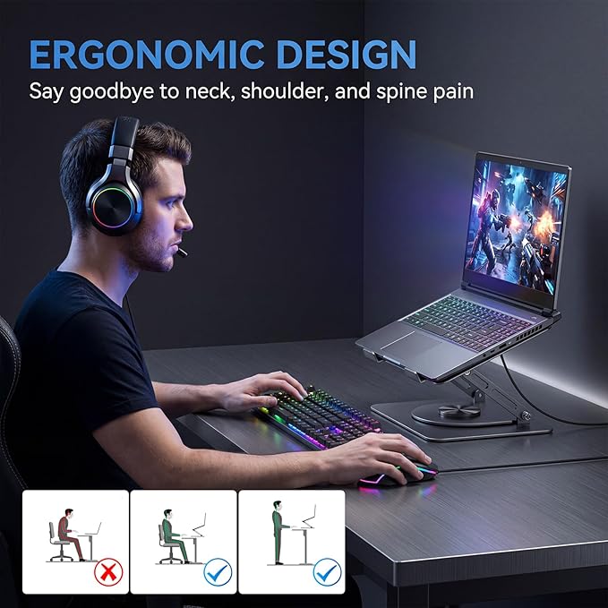 Leeboom Adjustable Laptop Stand for Desk, Ergonomic Height Adjustable Riser, Lecterns & Podiums, 360 Rotating & Foldable, Ventilated Cooling, Fits up to 17.3" Laptops (Gaming Laptops), Dark Silver
