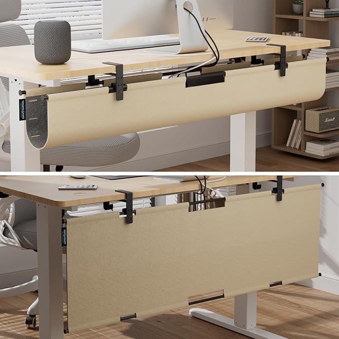 No Drill Under Desk Cable Management Tray, 45.2" Felt Cord Organizer for Table, Clamp/Screw Mount Wire Management with Privacy Panel for Standing Desk & Home Office (Khaki/Gray)
