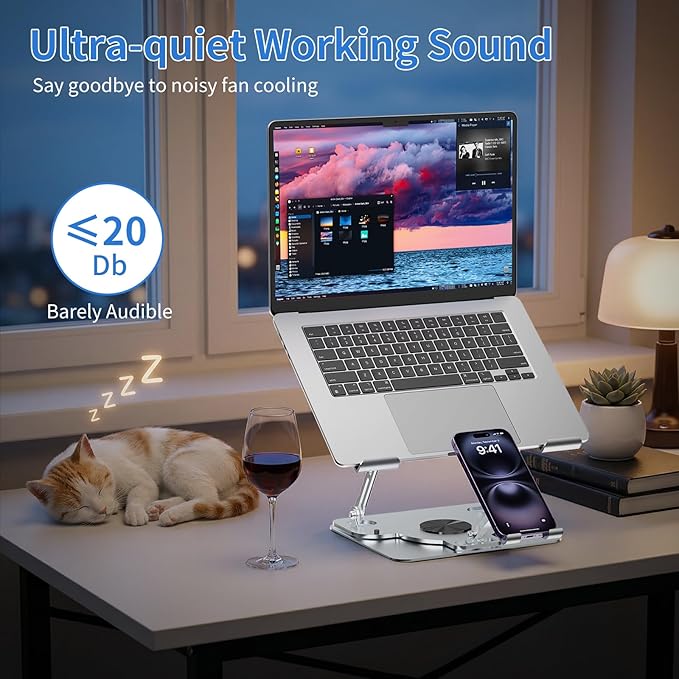 Laptop Cooling Pad with Detachable Fan & Cooler, 2-in-1 Laptop & Phone Stand, Adjustable Angle, 360° Rotatable Base, Carbon Steel, Ultra-Quiet & Super Sturdy for Laptop (Silver Gray)