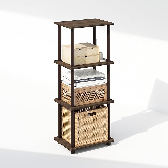 Furinno Turn-N-Tube Side Table, 3-Tier End Table with Open Shelf, Easy Assembly Night Stand, Bedside Table with Round Tube, for Living Room, Bedroom, Walnut