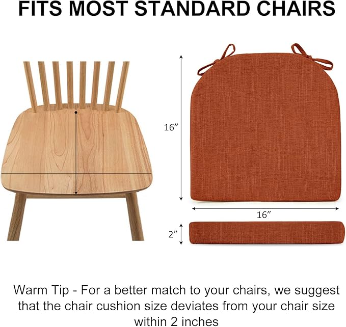 Wellsin Chair Cushions for Dining Chairs 6 Pack - Kitchen Chair Cushions with Ties and Non-Slip Backing - Dining Chair Pads 16"X16"X2", Orange