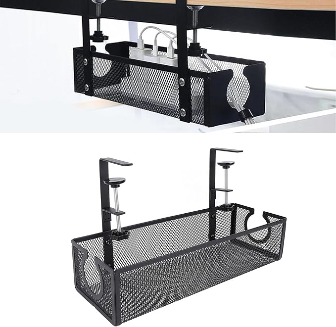 TOPINCN Circular Hole Desk Cable Management Organizer, Trapezoidal Design Cable Management Tray No Drill Steel Clamp Mount Wire Organizer for Home Office Standing Desk (Black)