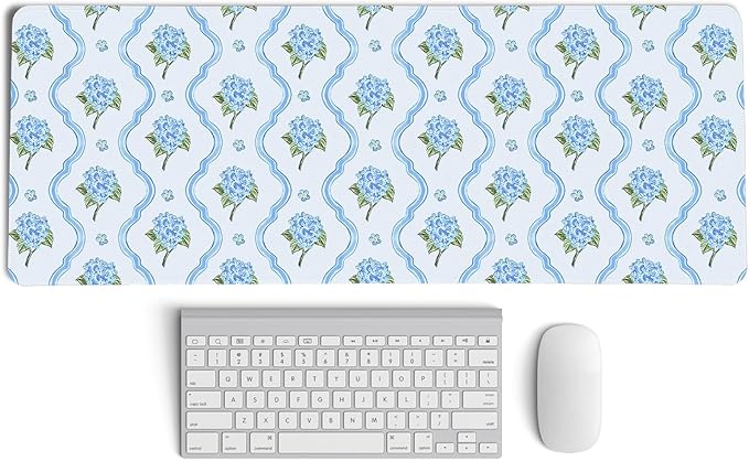 Light Blue Hydrangea Floral Large Mouse Pad,Summer Preppy Cottagecore Desk Mat,Aesthetic Blue and White Flower Botanical Mousepad,for Home Office Dorm Desktop Decor,31.5x11.8 Inch