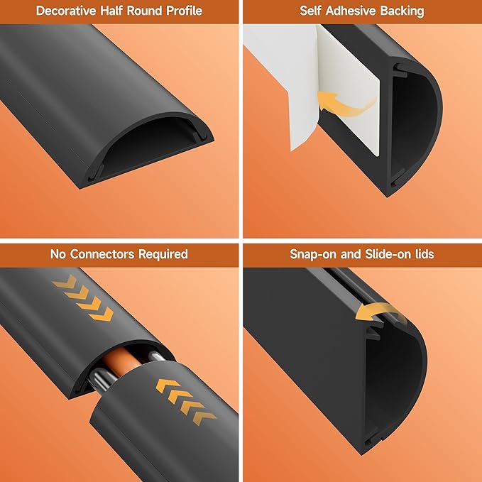 Delamu 85in Adhesive Cord Hider Wall, Mounted TV Cord Cover Kit, Multiple Cable Raceways for Wall Corner, Wire Cover Hiders for 2-3 Cables, 1.57" W X 0.59" H, Black