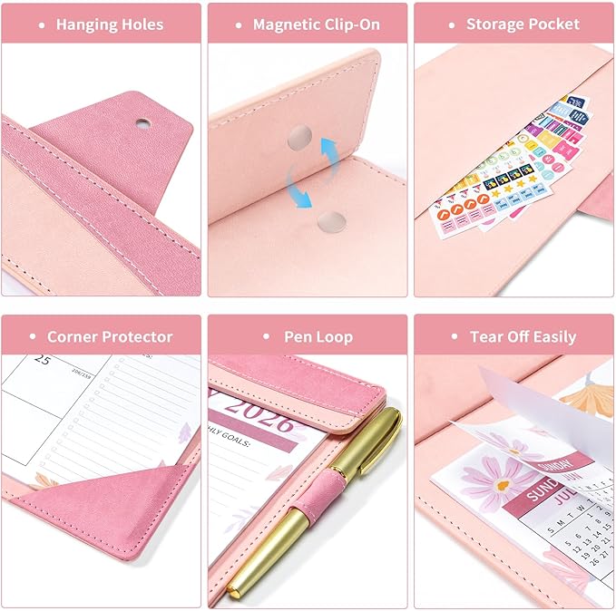 Ospelelf Leather Desk Calendar 2026-2027 Large 12"x17" Monthly Planner Pad with Protective Cover 18 Months Use July 2026 to December 2027 Pink Floral