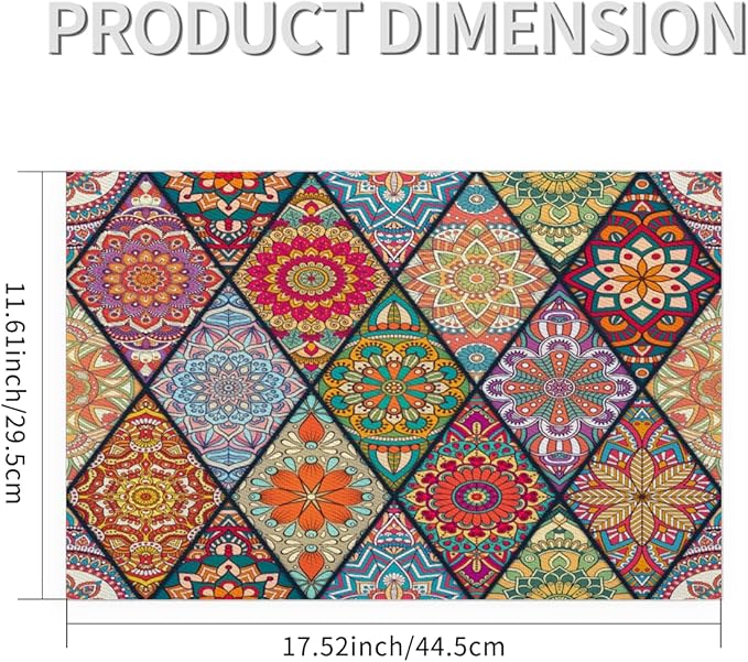 Placemats Set of 4 Heat-Resistant Rectangle Place Mats Bohemian Mexico Boho Washable Plastic PVC Dining Table Mat Non-Slip Wipeable Woven Vinyl Placemat for Kitchen Patio Table Decor