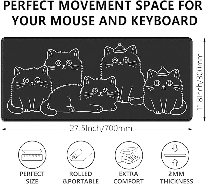 Cute Black Cat Large Mouse Pad Desk Mat, 27.5x11.8in Minimalist Line Art Kitten Extended Keyboard Mousepad with Stitched Edges,Desk Pad Non-Slip Waterproof Rubber Base for Office, Computer & Laptop
