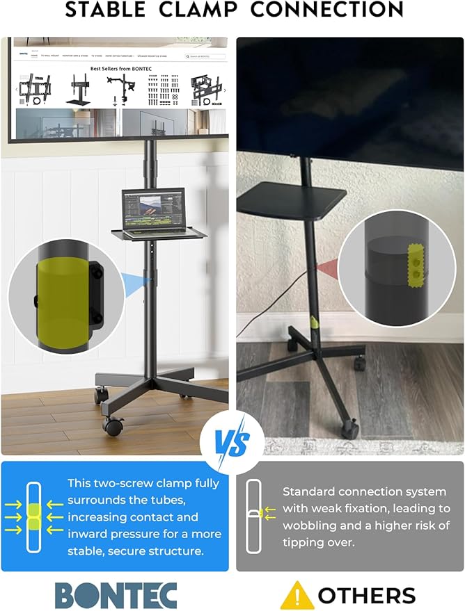 BONTEC Mobile TV Stand for 23-65 Inch TVs, Rolling TV Stand with Locking Wheels, Adjustable Height, Media Shelf, Outdoor TV Stand Max VESA 400x400mm, Holds Up to 88lbs