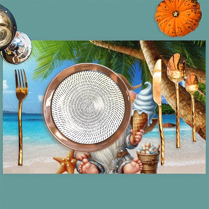 Placemats Set of 4 Heat-Resistant Rectangle Place Mats Beach Palm Gnomes Cute Washable Plastic PVC Dining Table Mat Non-Slip Wipeable Woven Vinyl Placemat for Kitchen Patio Table Decor
