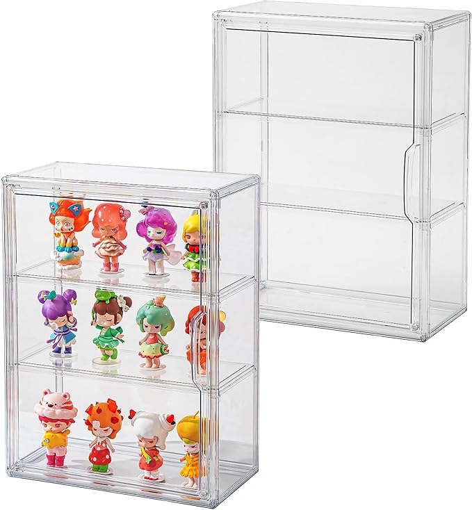 2 Pack Clear Display Case for Figures with Magnetic Door, Acrylic Display Cases for Collectibles, 3Tiers Acrylic Storage Organizers Box, Desktop or Wall-Mounted Showcase for Collectibles Action Figure
