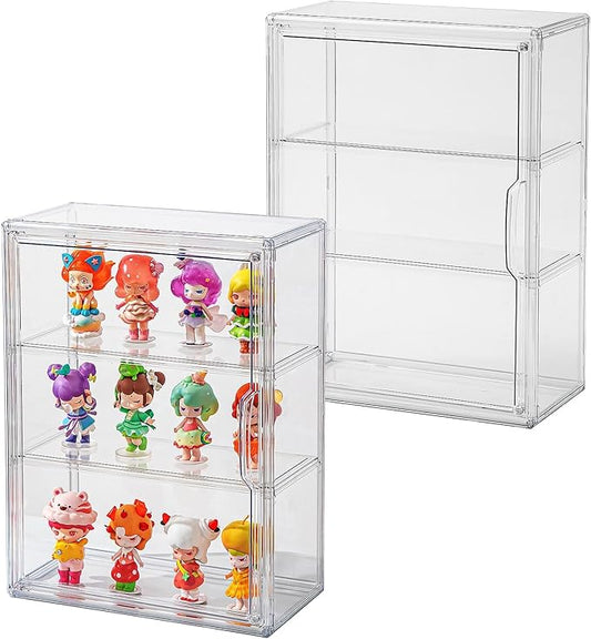 2 Pack Clear Display Case for Figures with Magnetic Door, Acrylic Display Cases for Collectibles, 3Tiers Acrylic Storage Organizers Box, Desktop or Wall-Mounted Showcase for Collectibles Action Figure
