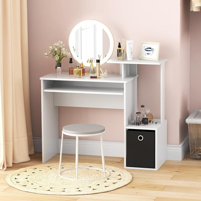 Giantex White Computer Desk with Drawers & Keyboard Tray, Modern Home Office Desk with Storage Shelves & Printer Stand, Laptop PC Table for Workstation, Study Writing Desk for Small Spaces, Bedroom