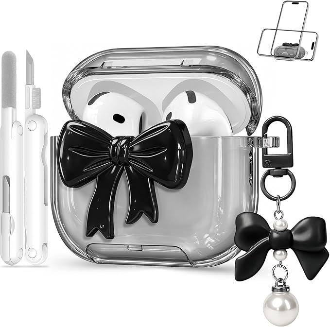 for Airpods 4 Case Pink 2024 with Safety Lock & Phone Stand, 3D Bow Clear iPod 4 Cases with Cute Keychain & Cleaning Kit, Soft TPU Cover for AirPods 4th Generation Case Girls Women (Black)