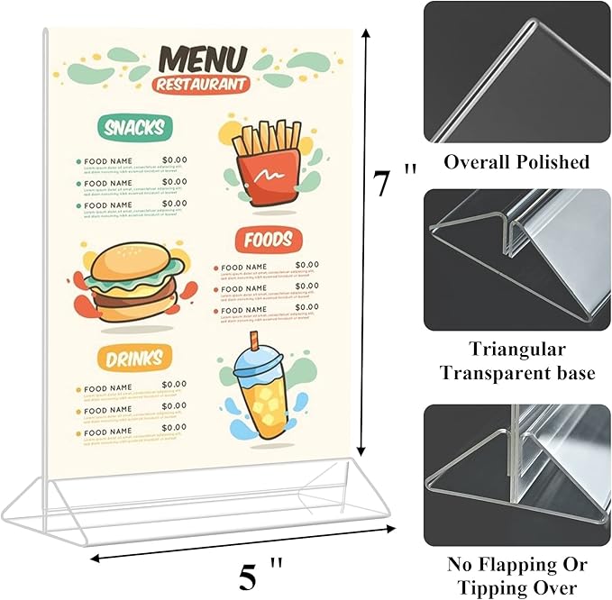 Seencool 5 x 7 Acrylic Sign Holder - Clear Wedding Table Number Holder, Double Sided Picture Frames with Vertical Stand, T Shape Desktop Display Stand for Office, Home, Store, Restaurant