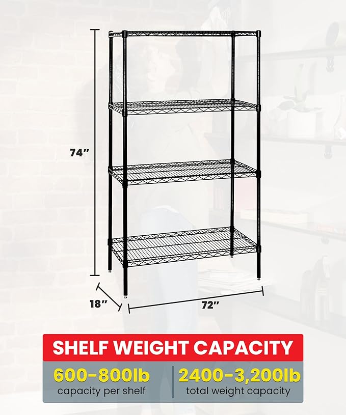 Quantum Storage Systems WR74-1872BK Starter Kit for 74" Height 4-Tier Wire Shelving Unit, Black Finish, 18" Width x 72" Length x 74" Height