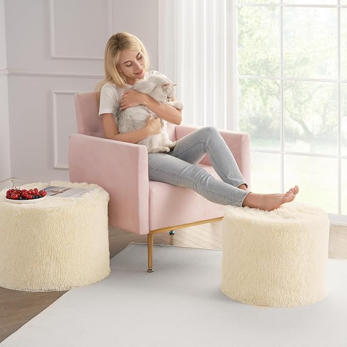 Hansleep Round Stuffed Pouf Ottoman 17 x 14, Foam Filled Faux Fur Ottoman Foot Rest for Chair with Washable Cover, Foot Stools Under Desk for Living Room & Bedroom, Beige