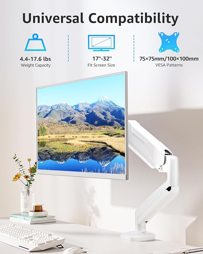 MOUNTUP Single Monitor Desk Mount Holds Screen up to 32 inch, Height Adjustable Monitor Arm, Full Motion Computer Monitors Stand with Clamp/Grommet Base, VESA Mounts Fit 4.4-17.6lbs Computer, White