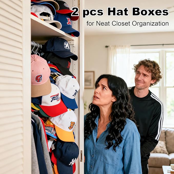 2 PCS Stackable Hat Storage for Baseball Caps, Space Saving Hat Organizer Box for Closet, with All Around Cardboard Support, Zipper Lid, Clear Window and 3 Handle, Each Holds 12 Hats, Grey