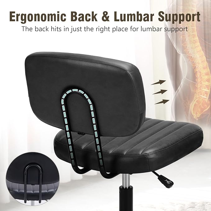 DUMOS Small Armless Home Desk Chair with Low Back Lumbar Support, Height Adjustable PU Leather Computer Task Chair with 360° Swivel Wheels, for Small Space, Adults, New Black